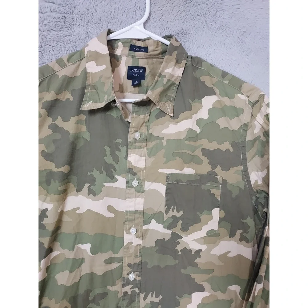 J Crew Shirt Mens Large Slim Fit Flex Camo Green Stretch Oxford Green Hunting L